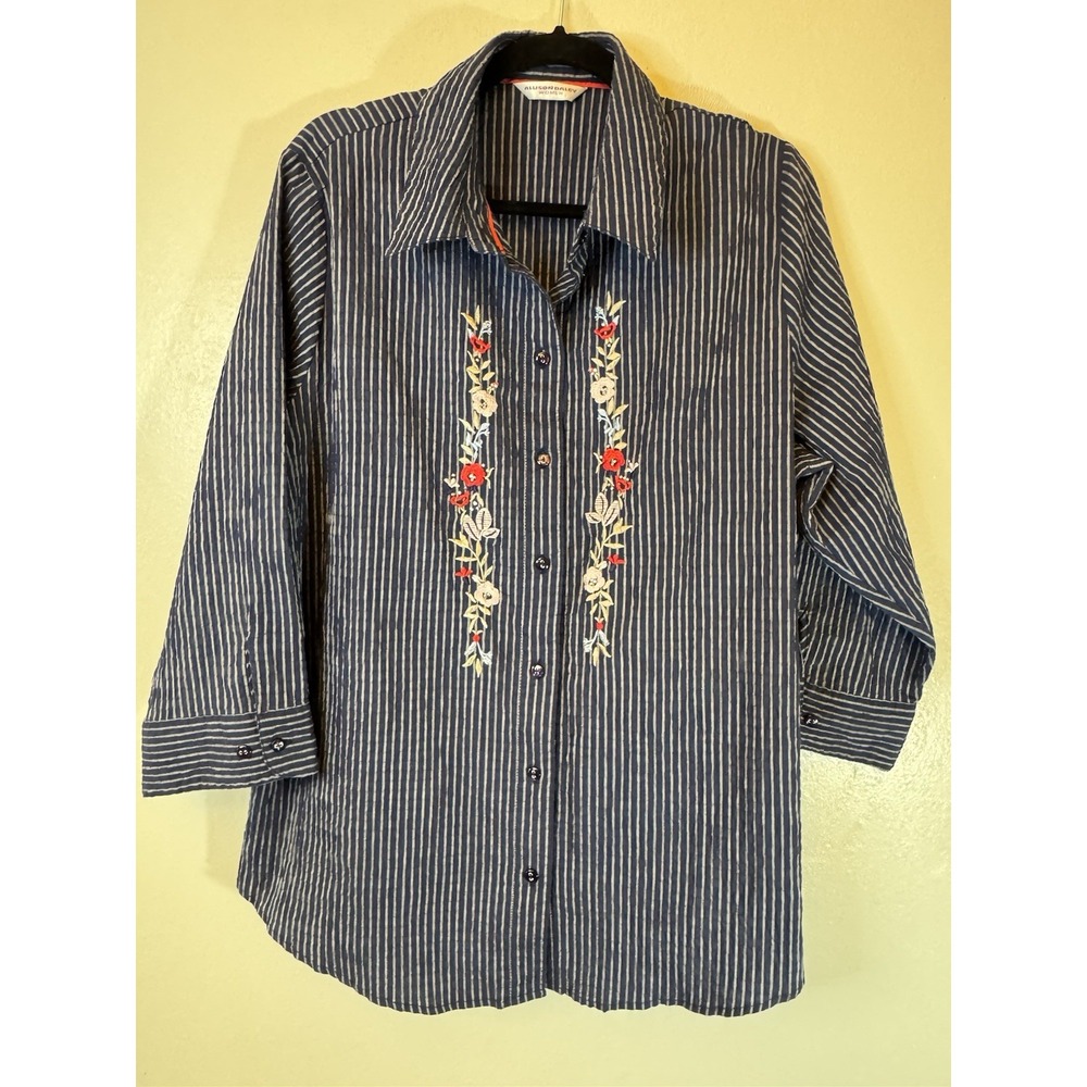 Allison‎ Daley Women 3/4 Sleeve Button Up Embroidered Blouse 26 In Pit To Pit